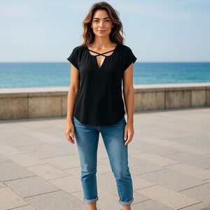 Rue 21 Women's Black Sheer Top Short Sleeve Cross V-Neck Design‎ 
Size XL EUC